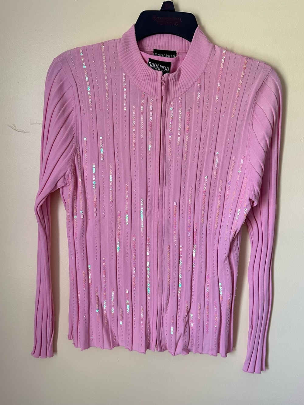 Baradona Pink Sequin Zip-Front Ribbed Cardigan size L
